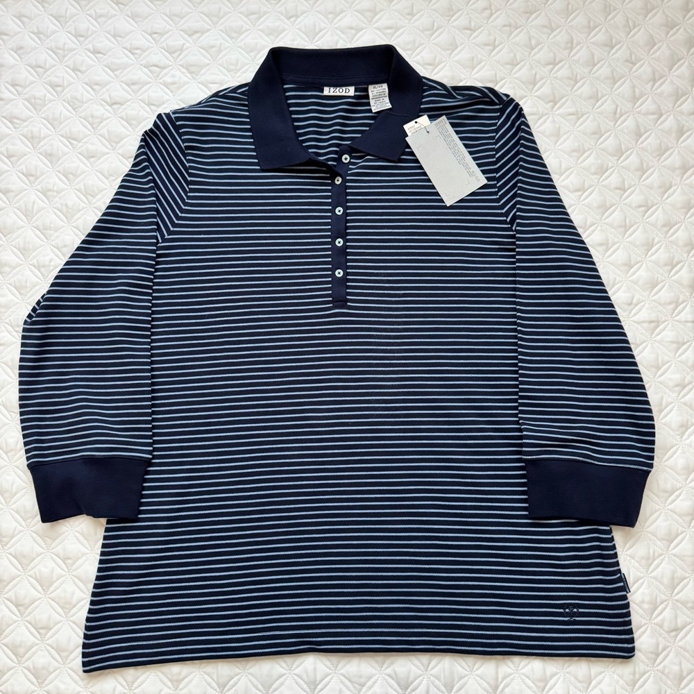 NWT Izod Blue Navy Striped 3/4 Sleeve Polo Preppy Coastal Classic Size XL